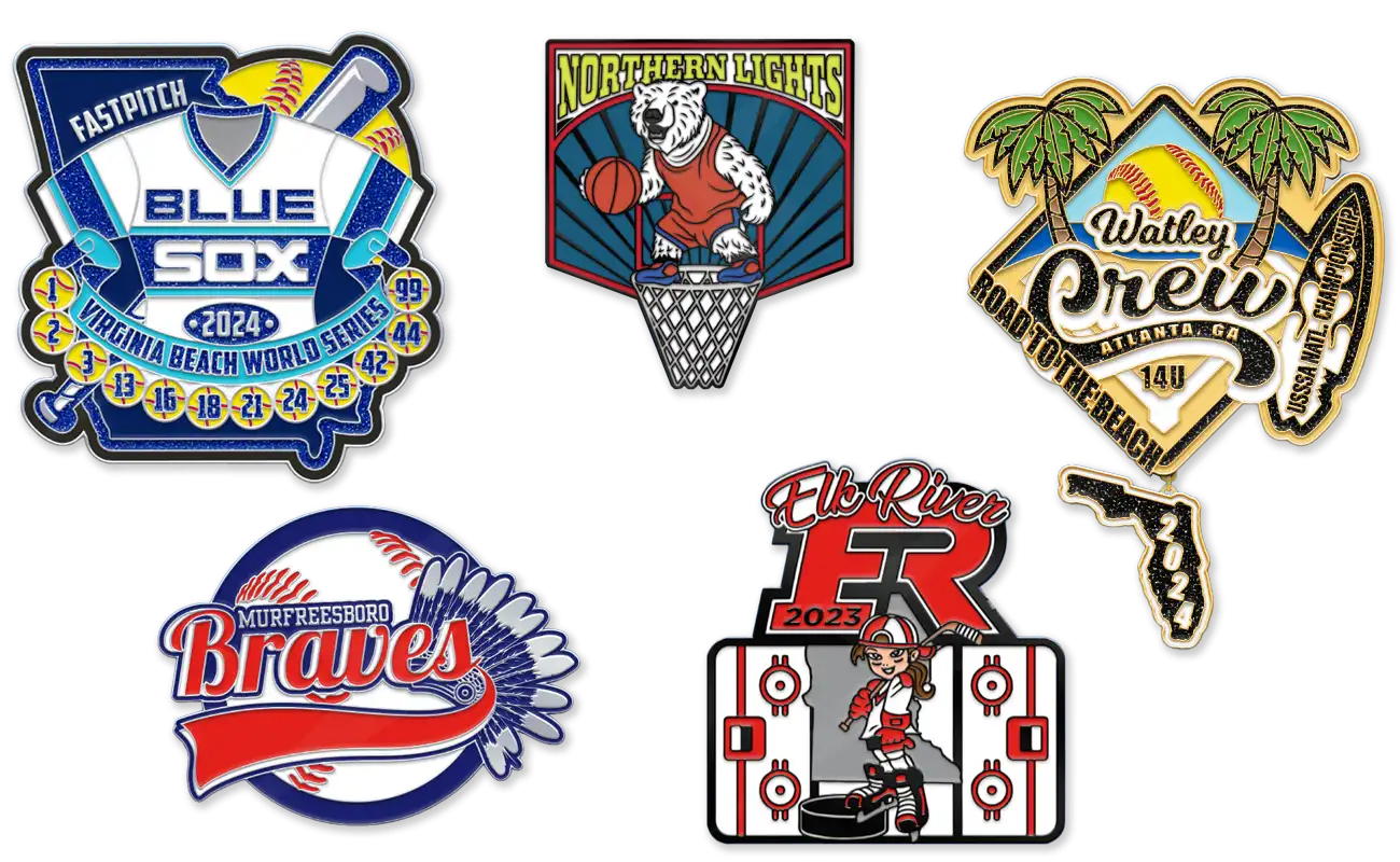 Examples of our trading pin designs for softball, baseball, basketball, and hockey