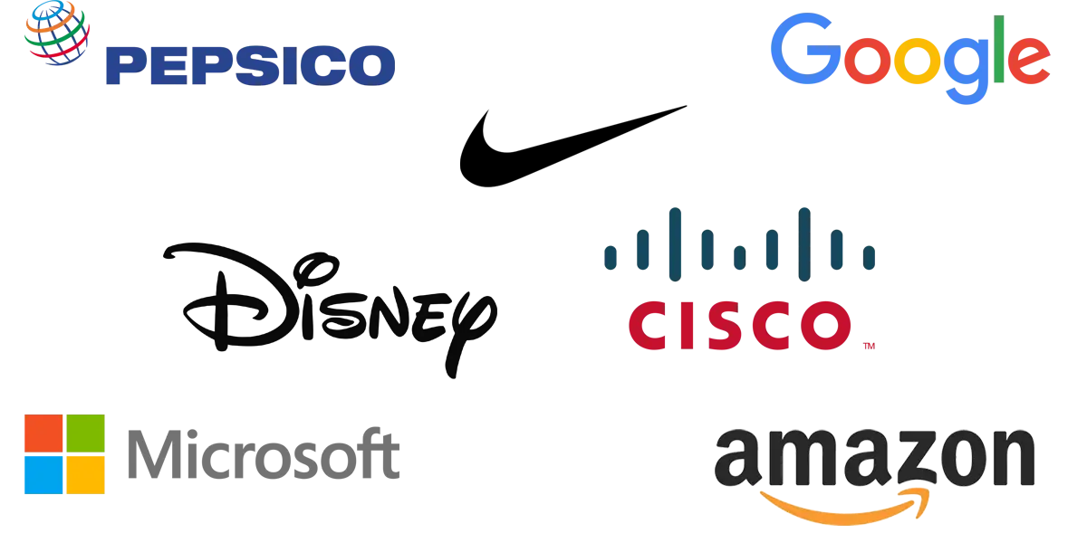 Logos of past customers. Amazon, Cisco, Google, Microsoft, Nike, Pepsico, Disney.