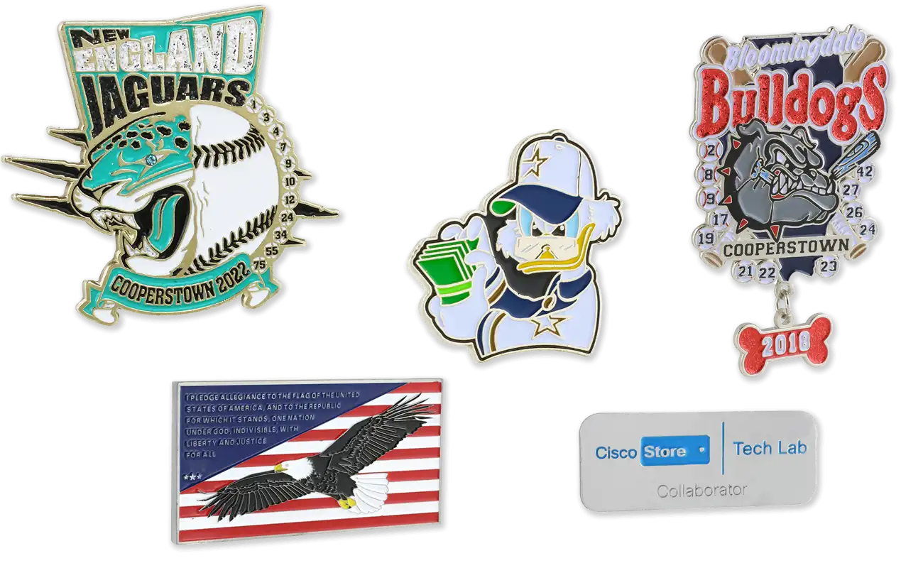 Image of several different custom pin designs we've done.