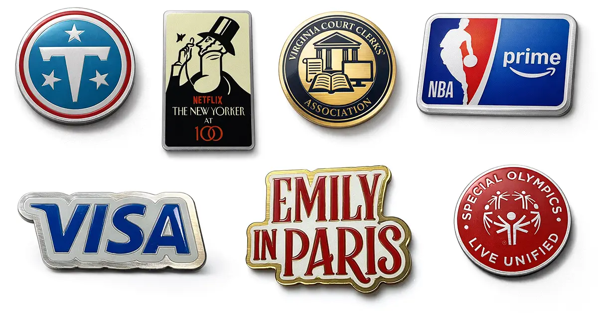 Rush Order pins for Netflix, NBA, Visa, and Special Olympics