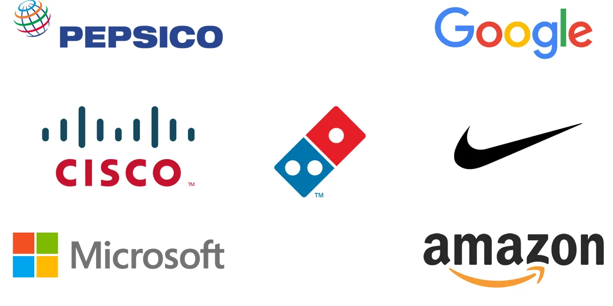 Logos of past customers. Amazon, Cisco, Google, Microsoft, Nike, Pepsico, Dominos. Logos of past customers. Amazon, Cisco, Google, Microsoft, Nike, Pepsico, Dominos.