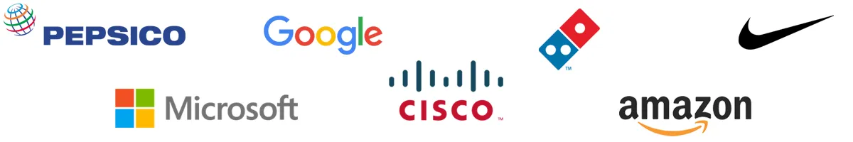 Logos of past customers. Amazon, Cisco, Google, Microsoft, Nike, Pepsico, Dominos. Logos of past customers. Amazon, Cisco, Google, Microsoft, Nike, Pepsico, Dominos.